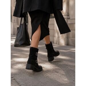 Aquatalia‎ OMAYDA Black Suede Moto Boots Buckle WOMEN 8 ANKLE WEATHERPROOF ITALY